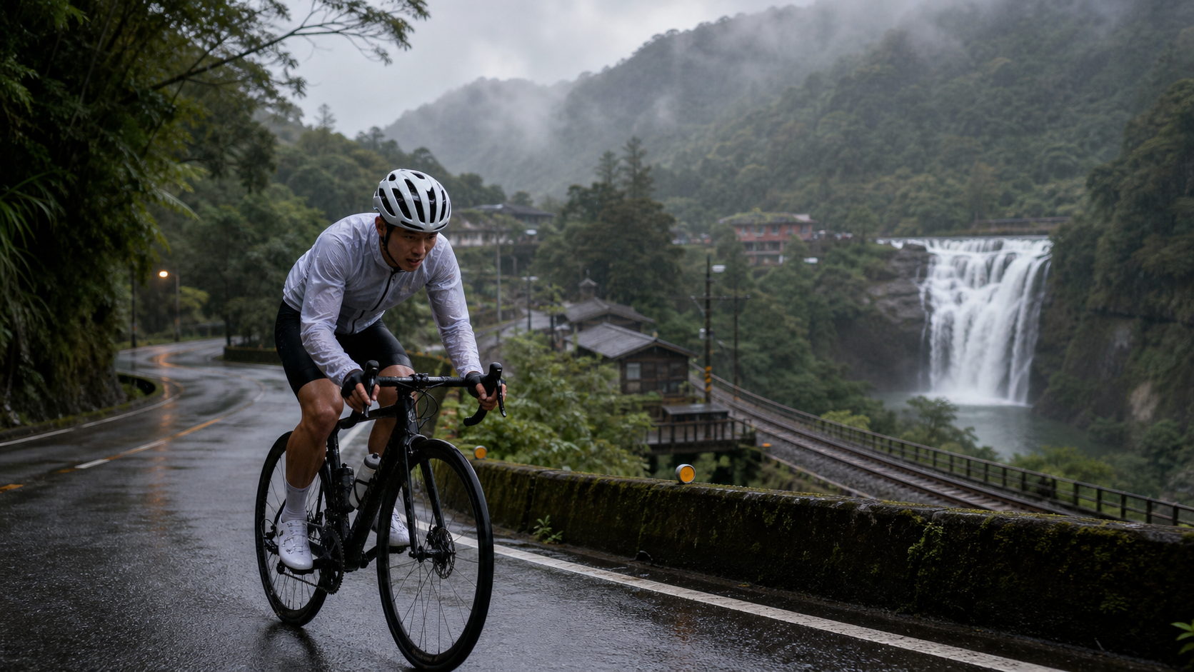 Brume et rails dans la ville-montagne aux lanternes célestes : pédaler vers la cascade de Shifen, entre pluie et lumière à Pingxi
