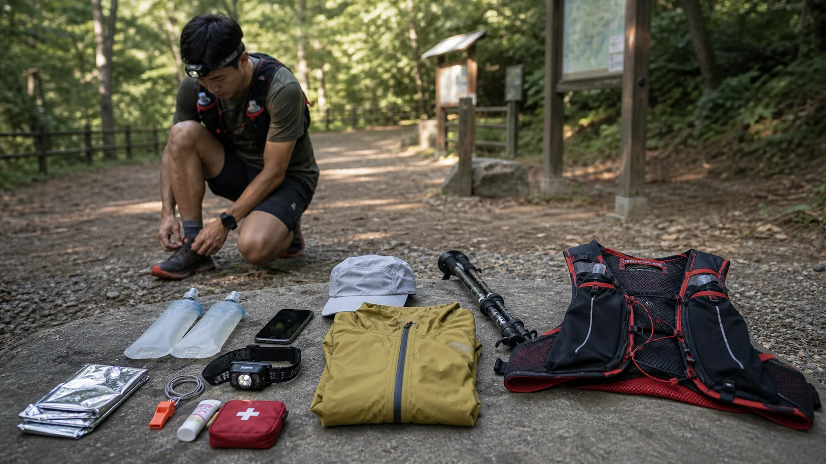 Visuel principal du matériel obligatoire et du sac de trail running