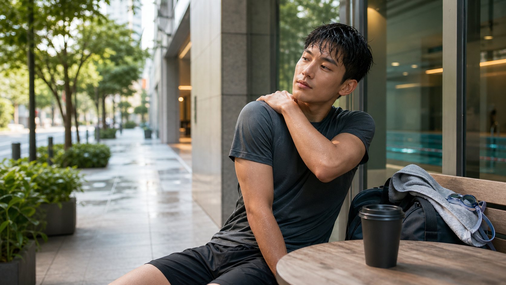 Rituels post-natation : douche, étirements, café et promenade urbaine